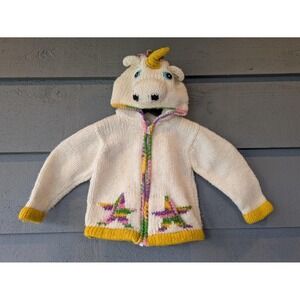 Wool Sweater Girls 18-24 Months White Hooded Unicorn Full Zip Ecuador Adorable
